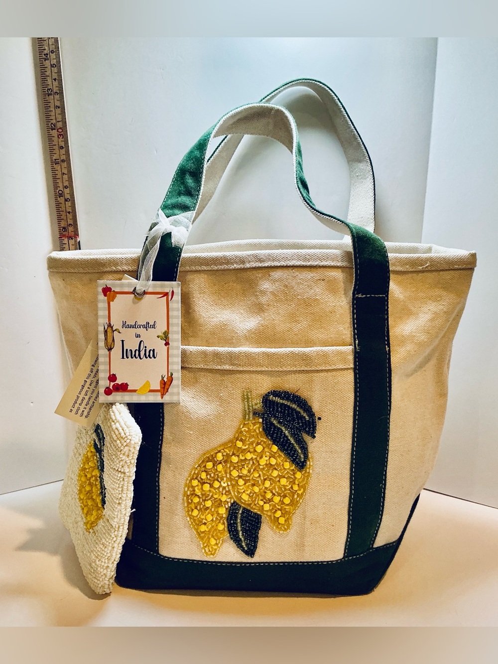 * Small Canvas Tote & Matching Zippered Pouch with Beaded Kemon Motif